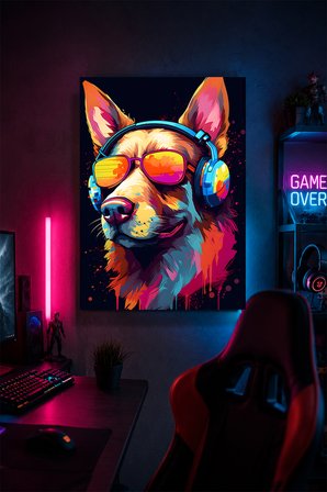 Kulaklıklı Köpek Metal Duvar Tablosu Renkli Gamer Oyun Odası Dekoru 15x20 cm A5 Boyutunda