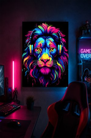 Kulaklıklı Aslan Metal Duvar Tablosu Renkli Gamer Oyun Odası Dekoru 15x20 cm A5 Boyutunda