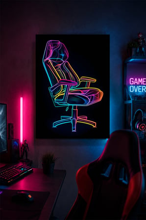 Gaming Koltuğu Metal Duvar Tablosu Neon Oyun Odası Dekoru 15x20 cm A5 Boyutunda