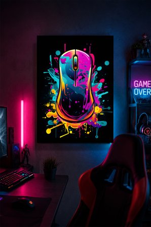 Neon Gaming Mouse Metal Duvar Tablosu Oyuncu Odası Duvar Dekoru 15x20 cm A5 Boyutunda