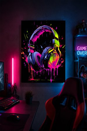 Neon Gaming Kulaklık Metal Duvar Tablosu Oyuncu Odası Dekorasyonu 15x20 cm A5 Boyutunda