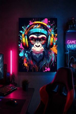 Gaming Goril Metal Duvar Tablosu Kulaklıklı Gamer Oda Dekoru Renkli Tasarım 20x30 cm A4 Boyutunda