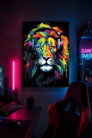 Gaming Aslan Metal Duvar Tablosu Kulaklıklı Gamer Oda Dekoru Renkli Tasarım 20x30 cm A4 Boyutunda