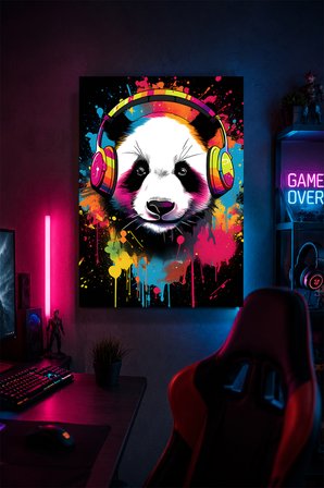 Gaming Panda Metal Duvar Tablosu Kulaklıklı Gamer Oda Dekoru Renkli Tasarım 20x30 cm A4 Boyutunda