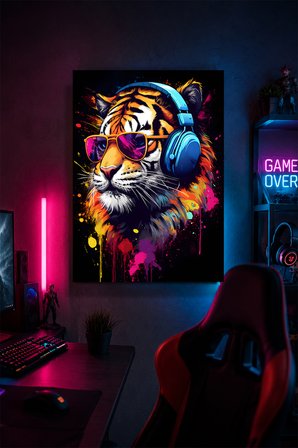 Gaming Kaplan Metal Duvar Tablosu Kulaklıklı Gözlüklü Gamer Oda Dekoru 20x30 cm A4 Boyutunda