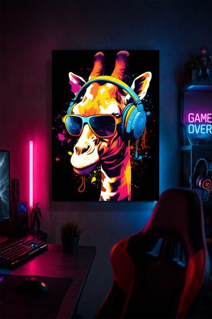 Gaming Zürafa Metal Duvar Tablosu Kulaklıklı Gözlüklü Gamer Oda Dekoru 20x30 cm A4 Boyutunda