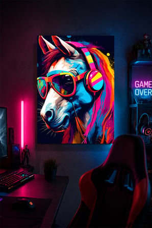 Kulaklıklı At Metal Duvar Tablosu Renkli Gamer Oyun Odası Dekoru 20x30 cm A4 Boyutunda