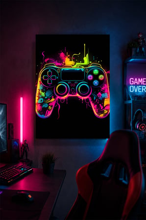 Neon Oyun Kumandası Metal Duvar Tablosu Gamer Oda Dekoru RGB Modern Tasarım 30x40 cm A3 Boyutunda