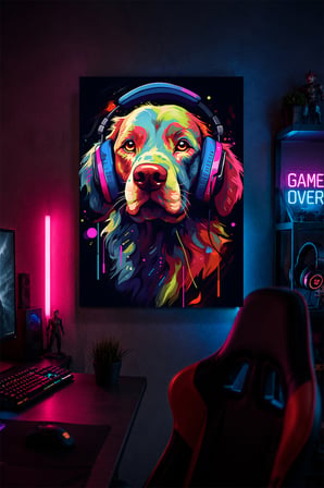 Gaming Kulaklıklı Köpek Metal Duvar Tablosu Gamer Oda Dekoru Renkli Tasarım 30x40 cm A3 Boyutunda