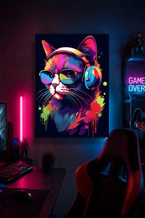 Gaming Kedi Metal Duvar Tablosu Kulaklıklı Güneş Gözlüklü Gamer Oda Dekoru 30x40 cm A3 Boyutunda