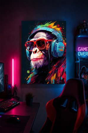Gaming Şempanze Metal Duvar Tablosu Kulaklıklı Gamer Oda Dekoru Pop Art 30x40 cm A3 Boyutunda