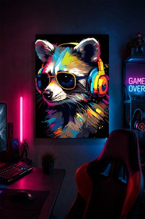 Kulaklıklı Rakun Metal Duvar Tablosu Renkli Gamer Oyun Odası Dekoru 30x40 cm A3 Boyutunda