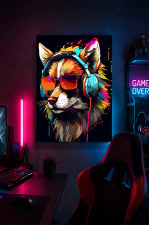Kulaklıklı Tilki Metal Duvar Tablosu Renkli Gamer Oyun Odası Dekoru 30x40 cm A3 Boyutunda