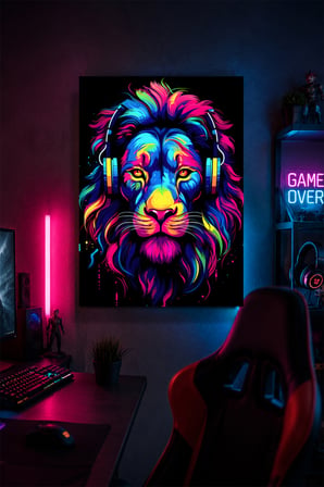 Kulaklıklı Aslan Metal Duvar Tablosu Renkli Gamer Oyun Odası Dekoru 30x40 cm A3 Boyutunda