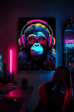 Kulaklıklı Goril Metal Duvar Tablosu Neon Gamer Oda Dekoru 30x40 cm A3 Boyutunda
