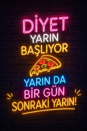 Neon Diyet Yazılı Komik MDF Duvar Tablosu Dekoratif Mizahi Duvar Dekoru