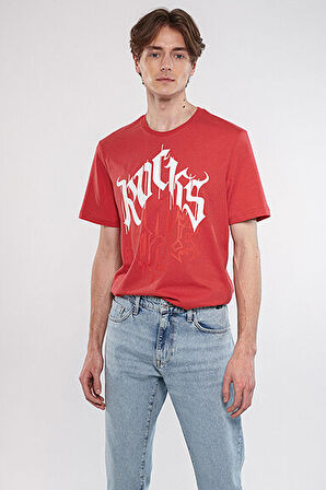 M0611133-70985 Rocks Baskılı  Mavi Erkek T-Shirt Canlı Kırmızı