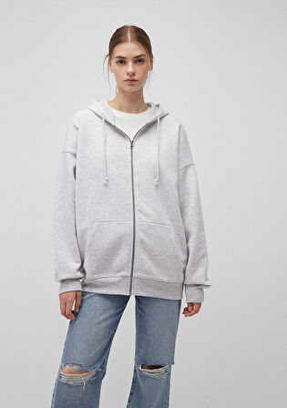 Kapüşonlu Fermuarlı Gri Sweatshirt 1610221-80196