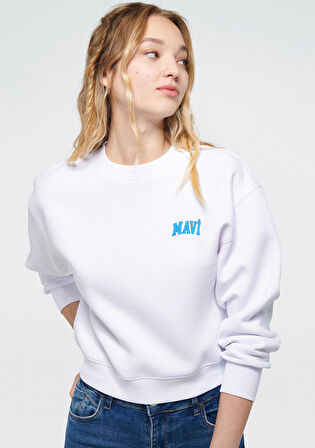 Mavi Logo Baskılı Beyaz Crop Sweatshirt 1611601-620