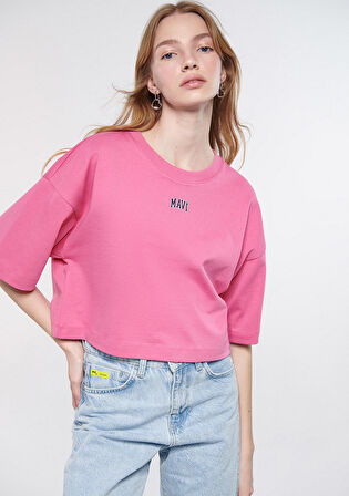 Mavi Logo Baskılı Pembe Crop Tişört 1611585-84670