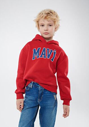 Mavi Logo Baskılı Kırmızı Kapüşonlu Sweatshirt 6610110-70464