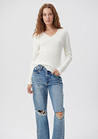 Mavi V Yaka Beyaz Kazak 1710340-70057