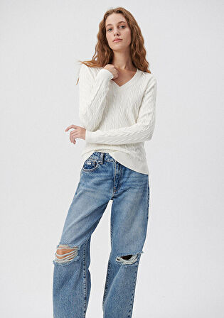 Mavi V Yaka Beyaz Kazak 1710340-70057