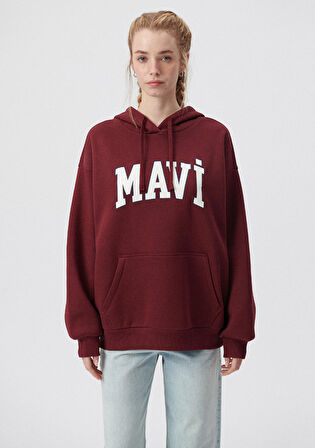 Mavi Logo Baskılı Kapüşonlu Bordo Sweatshirt 1600361-85493