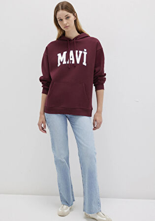 Mavi Logo Baskılı Kapüşonlu Bordo Sweatshirt 1600361-85493
