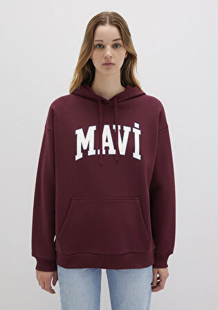Mavi Logo Baskılı Kapüşonlu Bordo Sweatshirt 1600361-85493
