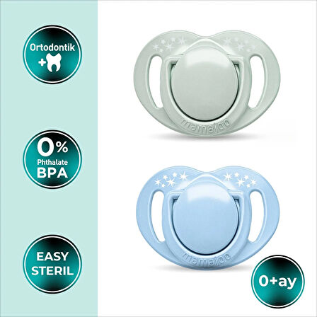 Mamajoo Ortodontik Silikon Emzik 2'li Powder Green&Blue 0+ Ay (Sterilizasyon/Saklama Kutulu)
