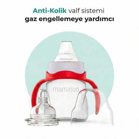 Mamajoo Kulplu Antikolik Alıştırma Biberonu 160 ml 6 Ay+ | Orta Akışlı, 2-in-1