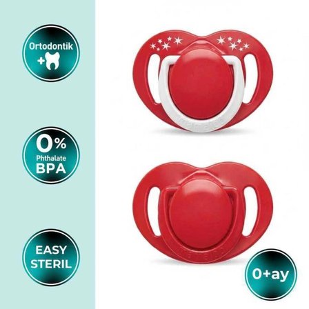 Mamajoo Ortodontik Emzik Seti 0 Ay+ Kırmızı & Beyaz | İkili, Silikon, Damaklı | Sterilizasyon & Saklama Kabı Hediyeli