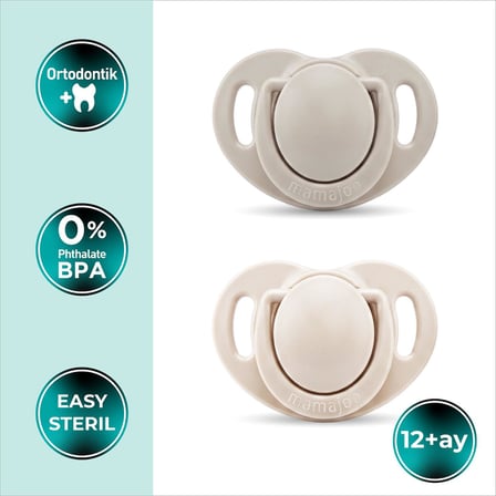Mamajoo Ortodontik Emzik Seti 12 Ay+ Light Beige & Light Gray | İkili, Silikon, Damaklı | Sterilizasyon & Saklama Kabı Hediyeli