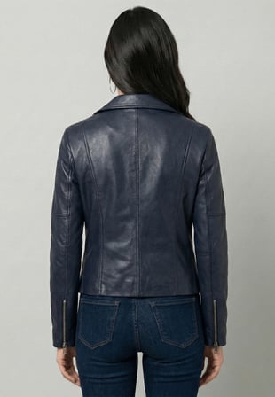Kadın Slim Fit Çapraz Fermuarlı Deri Ceket - Koyu Mavi