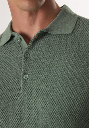 Erkek Düğmeli Polo Yaka Triko Kazak - Yeşil