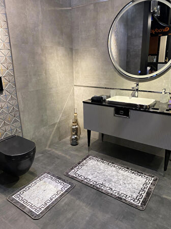 Lınaro 2'li Lateks Kaymaz Taban Su Geçirmez Banyo Paspas Takımı (60x100 - 60x50) Gri