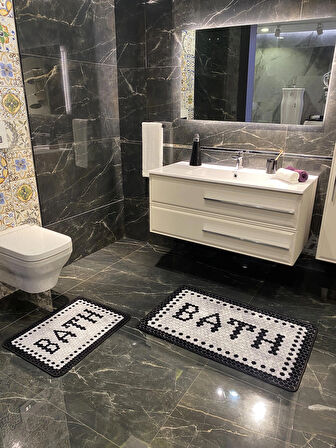 Black Bath Yazılı Desenli 2'li Kaymaz Taban Su Geçirmez Banyo Paspas Takımı (60x100 - 60x50) Gri