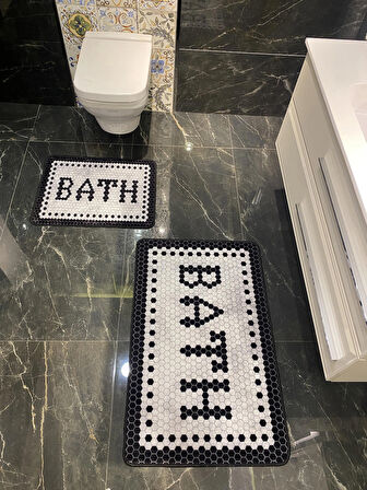 Black Bath Yazılı Desenli 2'li Kaymaz Taban Su Geçirmez Banyo Paspas Takımı (60x100 - 60x50) Gri