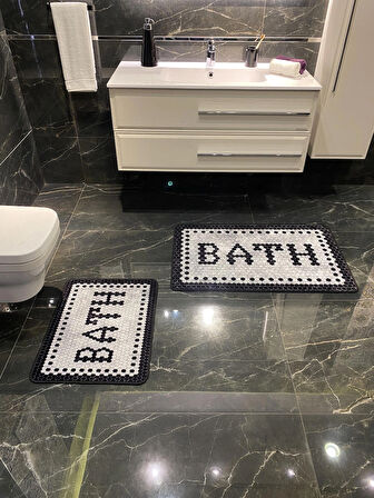 Black Bath Yazılı Desenli 2'li Kaymaz Taban Su Geçirmez Banyo Paspas Takımı (60x100 - 60x50) Gri