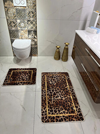 Leopar Desenli 2'li Kaymaz Taban Banyo Paspas Takımı (60x100 - 60x50)