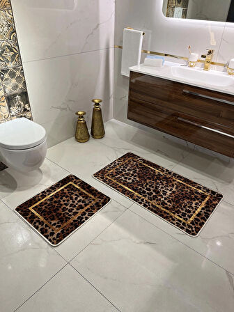Leopar Desenli 2'li Kaymaz Taban Banyo Paspas Takımı (60x100 - 60x50)