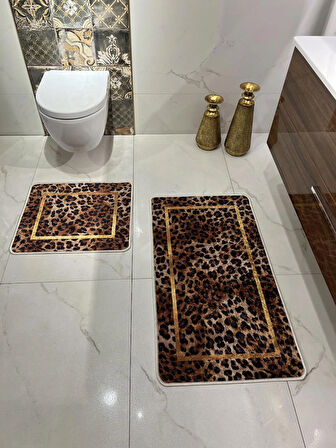 Leopar Desenli 2'li Kaymaz Taban Banyo Paspas Takımı (60x100 - 60x50)