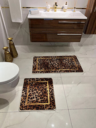 Leopar Desenli 2'li Kaymaz Taban Banyo Paspas Takımı (60x100 - 60x50)