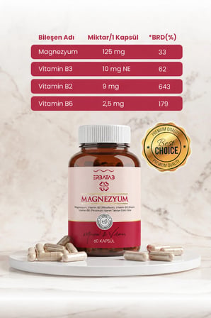 Erbatab Magnezyum 3 lü Form (Bisglisinat, Sitrat, Malat) & Vitamin B2 , B3 , B6 - 60 Kapsül