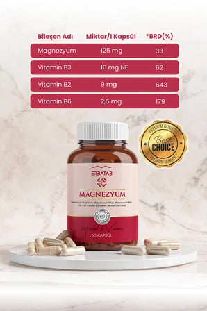 Erbatab Magnezyum 3 lü Form (Bisglisinat, Sitrat, Malat) & Vitamin B2 , B3 , B6 - 60 Kapsül