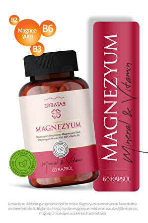 Erbatab Magnezyum 3 lü Form (Bisglisinat, Sitrat, Malat) & Vitamin B2 , B3 , B6 - 60 Kapsül