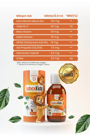 Erbatab Labex Kids Çinko Kekik Beta Glukan Karamürver Çocuk Multivitamin Şurup 150 ML