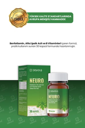Neuro Benfotiamin, Alfa Lipoik Asit B1, B5, B6, bB2 Vitaminleri Içeren Takviye Edici Gıda – 30 Kapsül