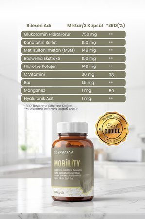 Erbatab Mobility Takviye Edici Gıda Glukozamin, Kondroitin, MSM, Kolajen, Boswellia ve Mineral İçeren 60 Kapsül